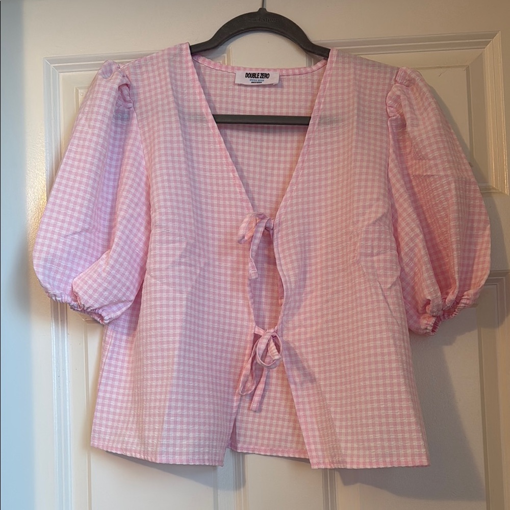 Double Zero Pink Gingham Tie-Front Puff Sleeve Blouse